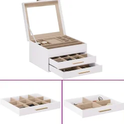 vidaXL Salud Y Belleza-Caja para joyas de 3 niveles blanca 23x20,5x14 cm