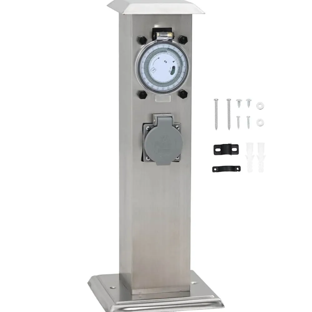 vidaXL Columna de acero inoxidable con enchufe y temporizador para el jardín Plateado Sale