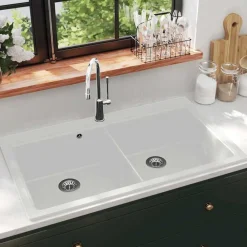 vidaXL Fregadero encastrable de granito de dos cubetas Blanco Clearance