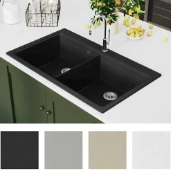 vidaXL Fregadero encastrable de granito de dos cubetas Negro Outlet
