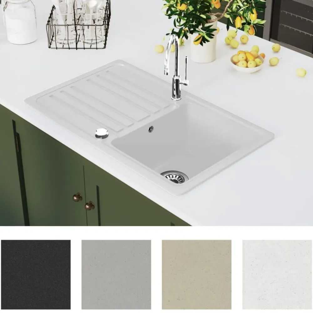 vidaXL Fregadero reversible de granito una cubeta escurridor Blanco Hot