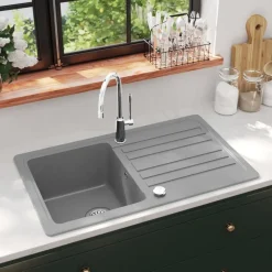 vidaXL Fregadero reversible de granito de una cubeta con escurridor Gris Outlet