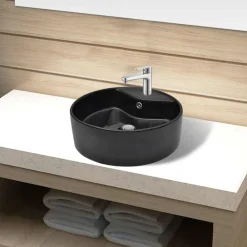 vidaXL Lavabo de cerámica con agujero para grifo/desagüe redondo Negro Hot