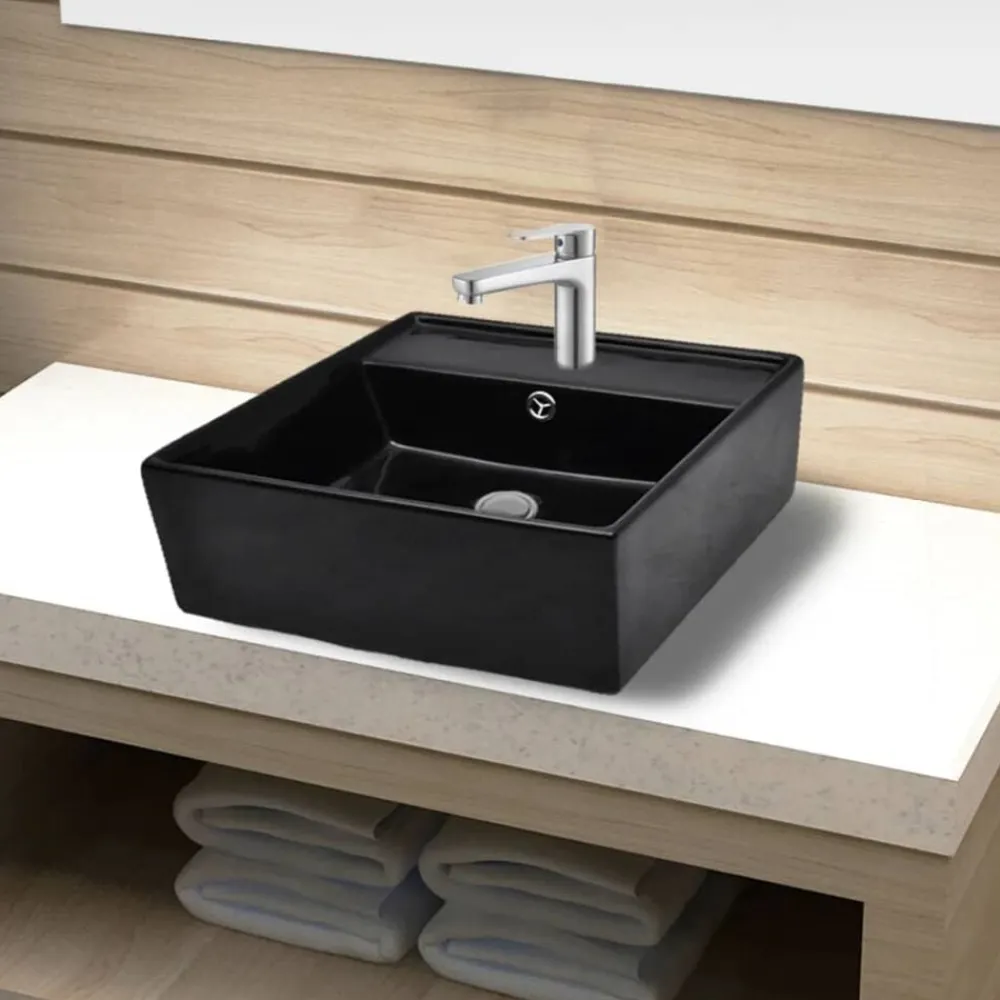 vidaXL Fontanería-Lavabo de cerámica con agujero para grifo/desagüe cuadrado