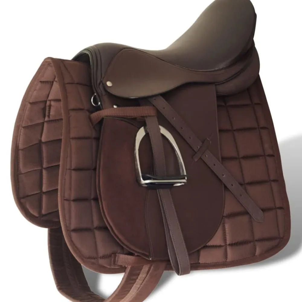vidaXL Set de montura de caballo de 16" y cuero marrón 14 cm, 5 en 1 Marrón Hot