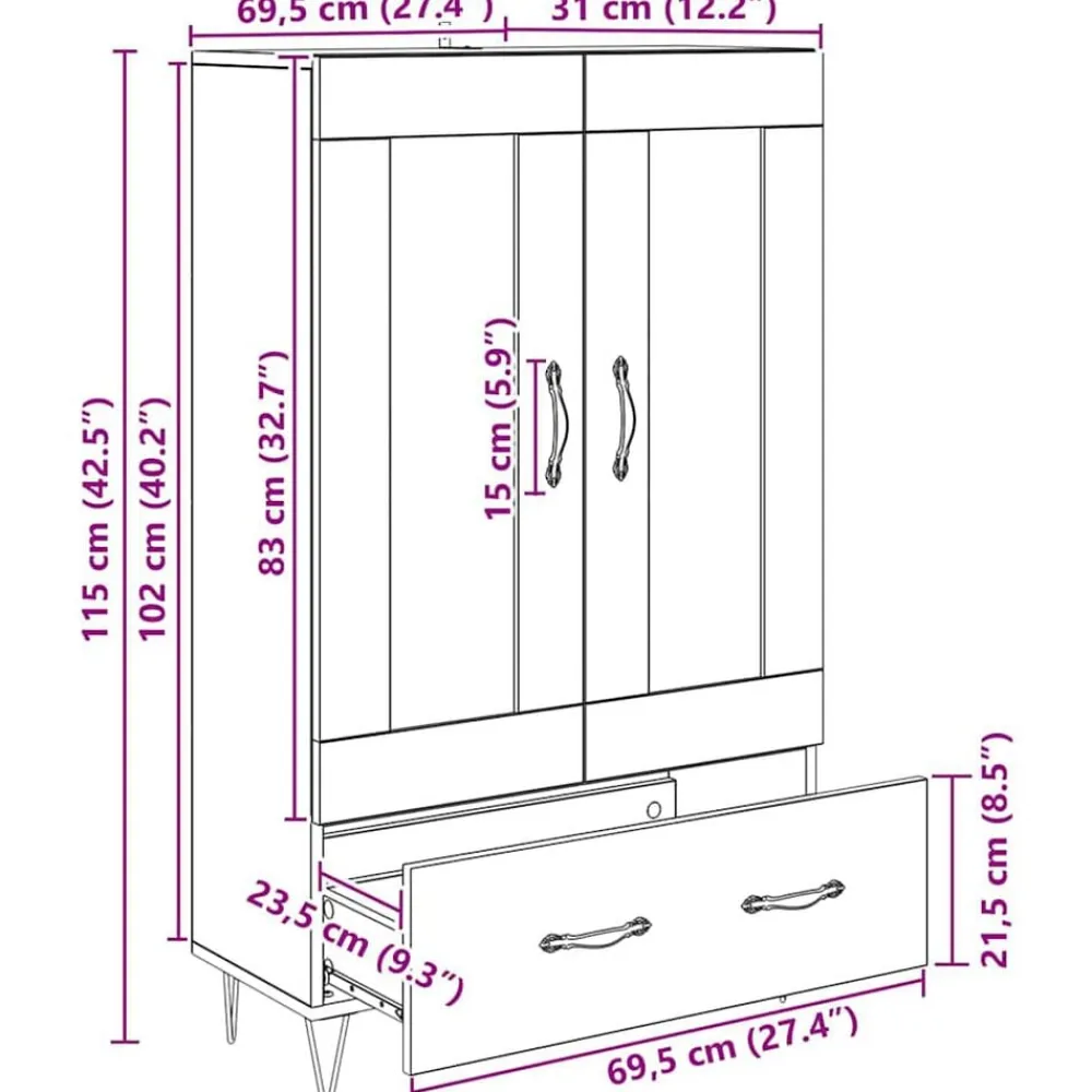 vidaXL Armarios Y Almacenamiento-Alacena 69,5 x 31 x 115 cm Madera contrachapada
