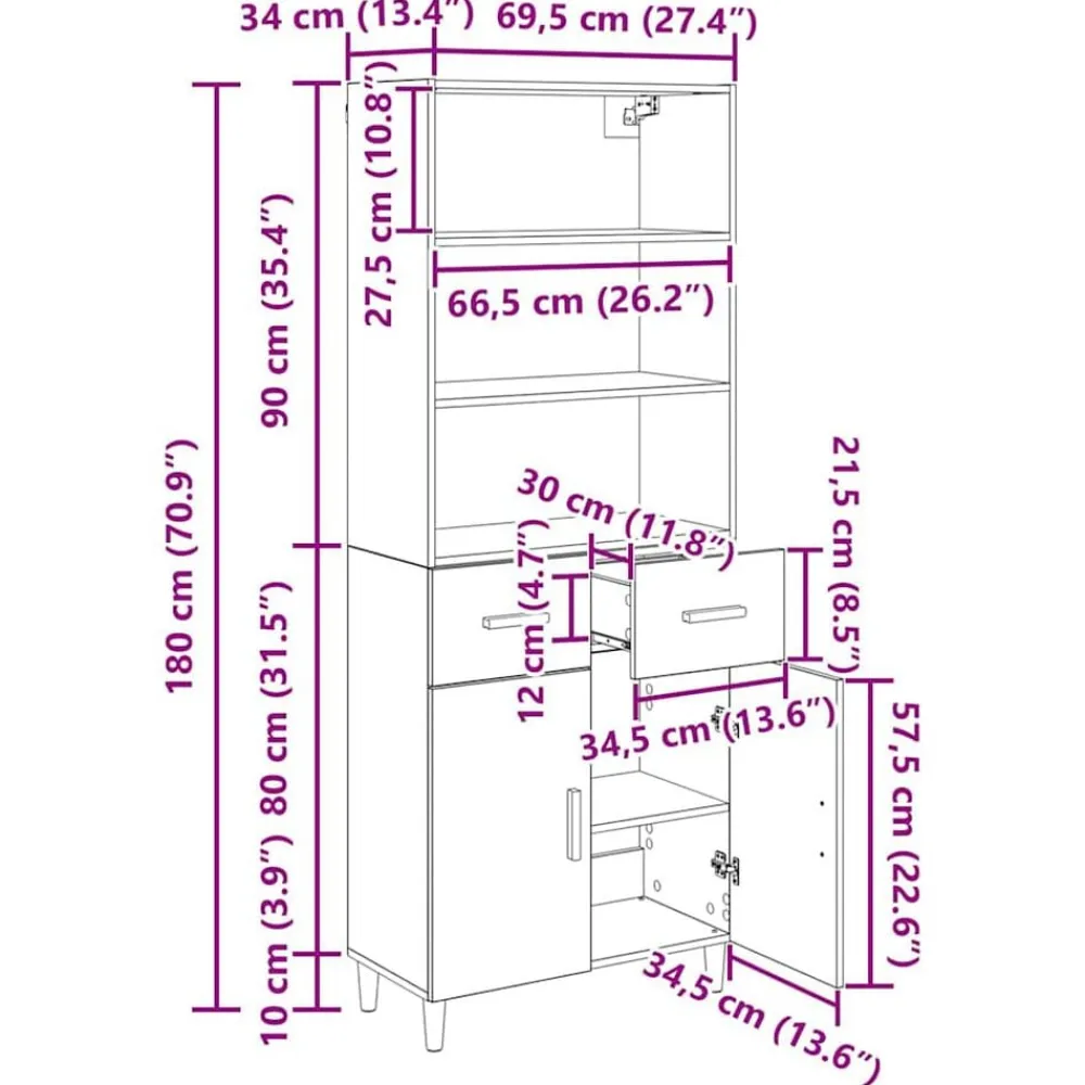 vidaXL Armarios Y Almacenamiento-Aparador alto con cajón Roble artesanal 69,5 x 34 x 180 cm