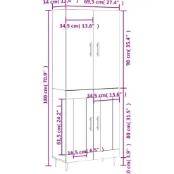 vidaXL Aparador alto madera contrachapada 69,5x34x180 cm Blanco Clearance
