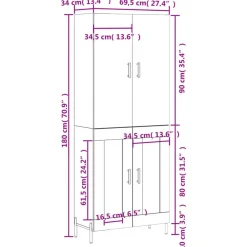 vidaXL Aparador alto madera contrachapada 69,5x34x180 cm Blanco Hot