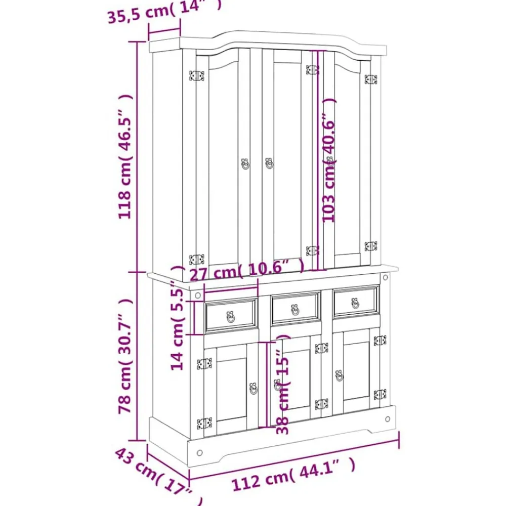 vidaXL Armarios Y Almacenamiento-Aparador Corona madera maciza pino mexicano 112x43x196 cm