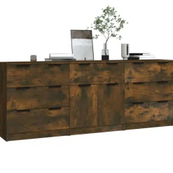 vidaXL Aparador de 3 piezas madera contrachapada color Roble ahumado New