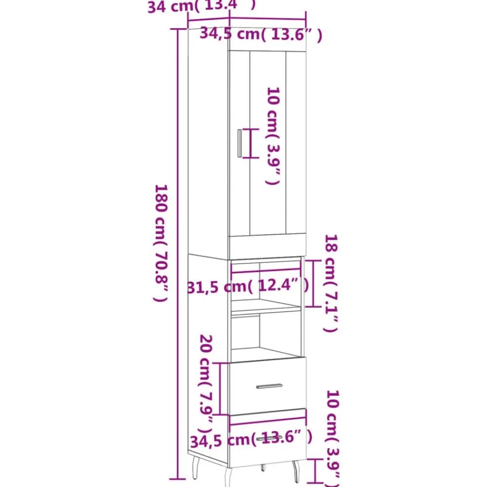 vidaXL Armarios Y Almacenamiento-Aparador de madera contrachapada gris hormigón 34,5x34x180 cm