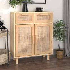 vidaXL Aparador marrón madera pino maciza y ratán natural 60x30x75 cm Marr&oacute;n Hot