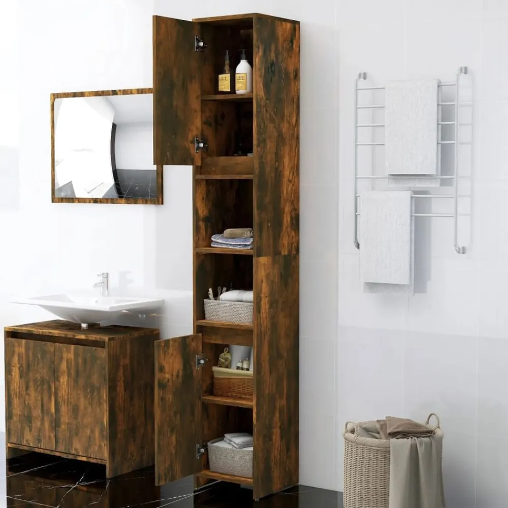 vidaXL Armario baño madera contrachapada 30x30x183,5cm Roble ahumado Hot