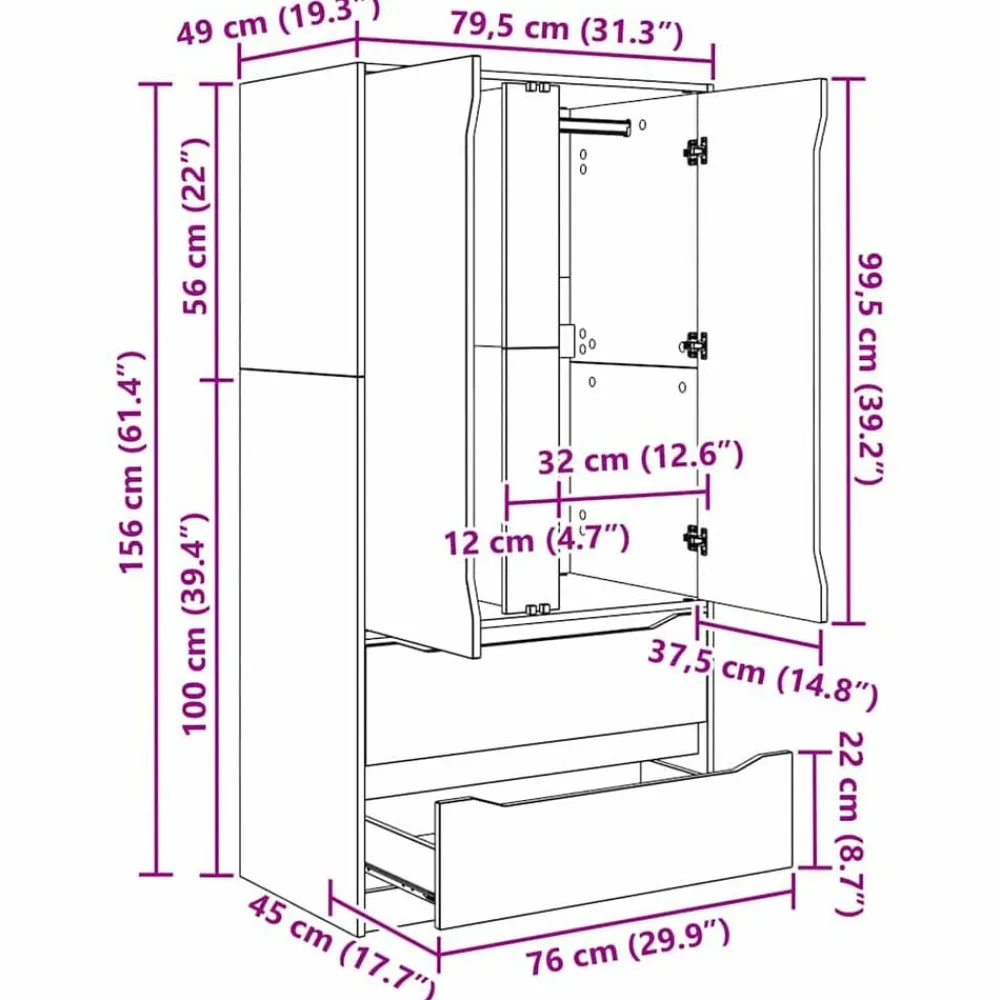 vidaXL Armario con cajón 79,5 x 49 x 156 cm Madera de ingeniería Negro Outlet