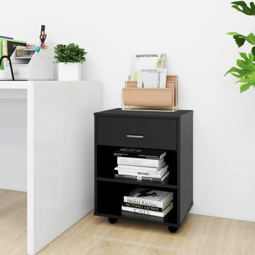 vidaXL Armario con ruedas madera contrachapada 46x36x59 cm Negro New