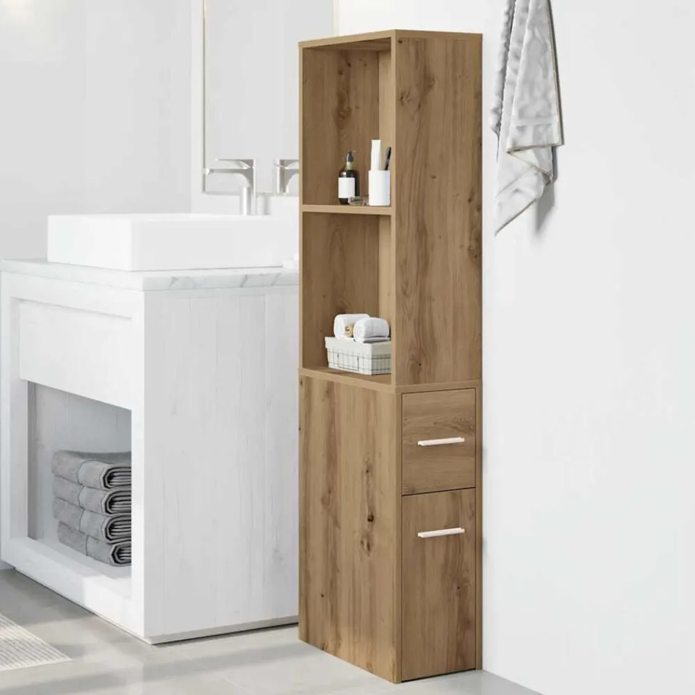 vidaXL Armarios Y Almacenamiento-Armario de baño estrecho con ruedas madera roble artisian