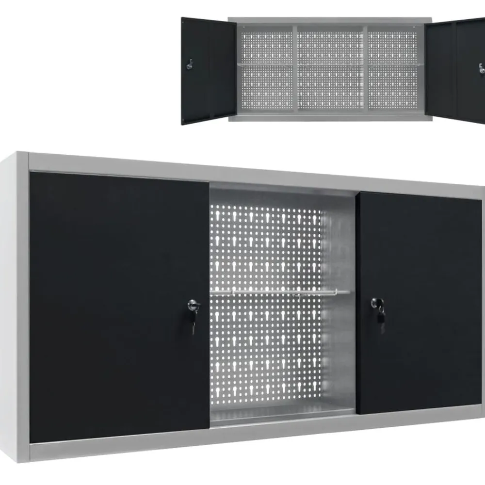 vidaXL Accesorios De Bricolaje-Armario de herramientas de pared industrial metal gris y negro