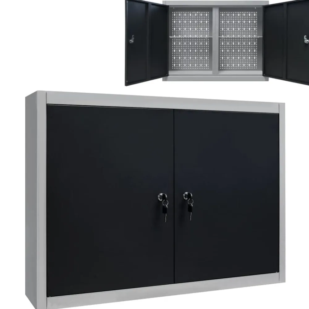 vidaXL Accesorios De Bricolaje-Armario de herramientas de pared industrial metal gris y negro