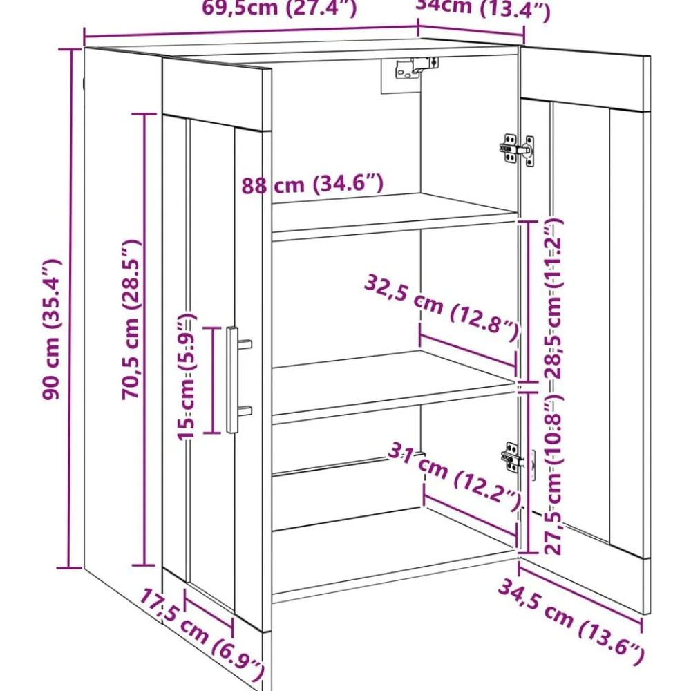 vidaXL Armario de pared 69.5 x 34 x 90 cm Roble negro Clearance