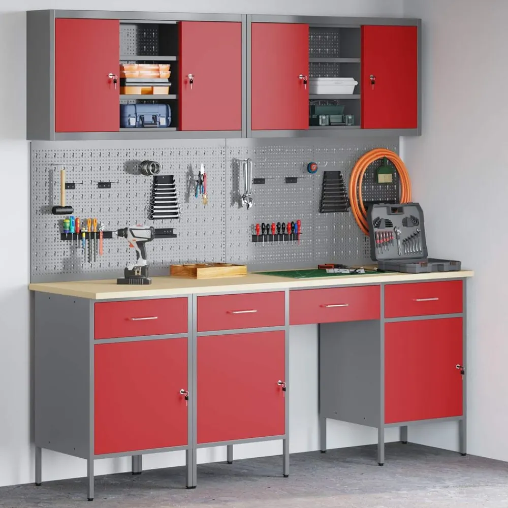 vidaXL Armario de trabajo 10 pcs Madera Ingenierizada y Acero Rojo Sale