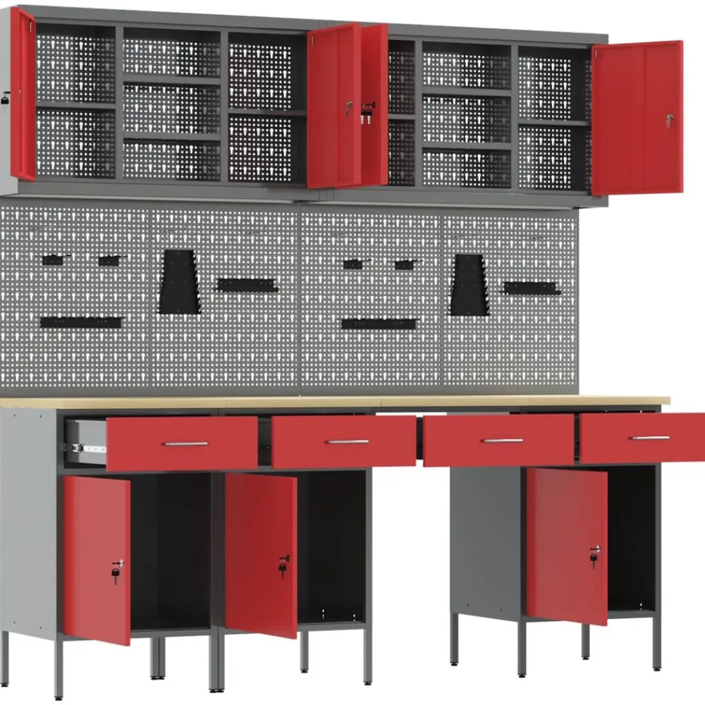 vidaXL Armario de trabajo 10 pcs Madera Ingenierizada y Acero Rojo Sale