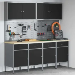 vidaXL Armario de trabajo 10 pcs Madera Ingenierizada y Acero Negro Hot