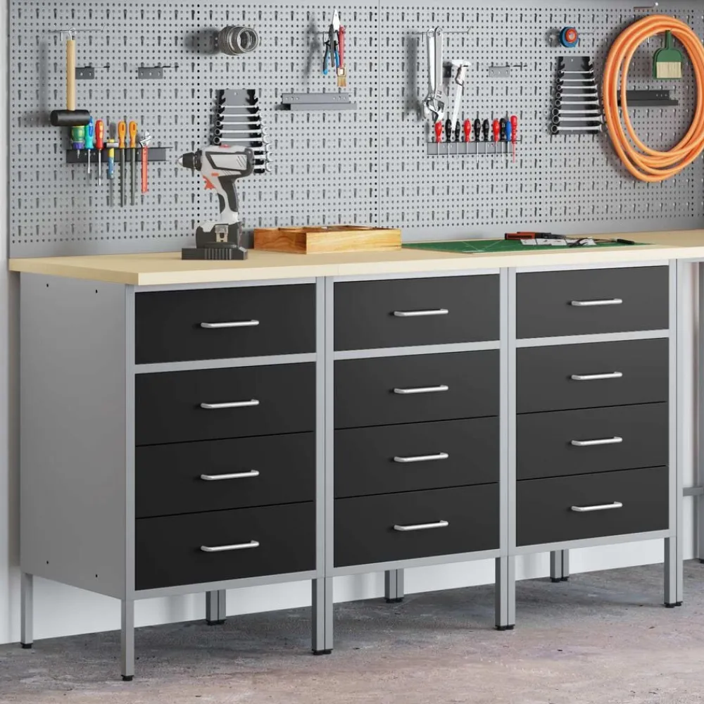 vidaXL Accesorios De Bricolaje-Armario de trabajo 3 pcs y Gris 150 x 55 x 85 cm