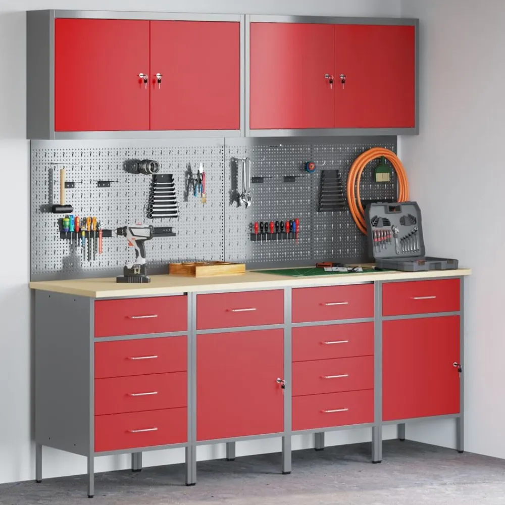vidaXL Armario de trabajo 10 pcs Madera Ingenierizada y Acero Rojo Clearance