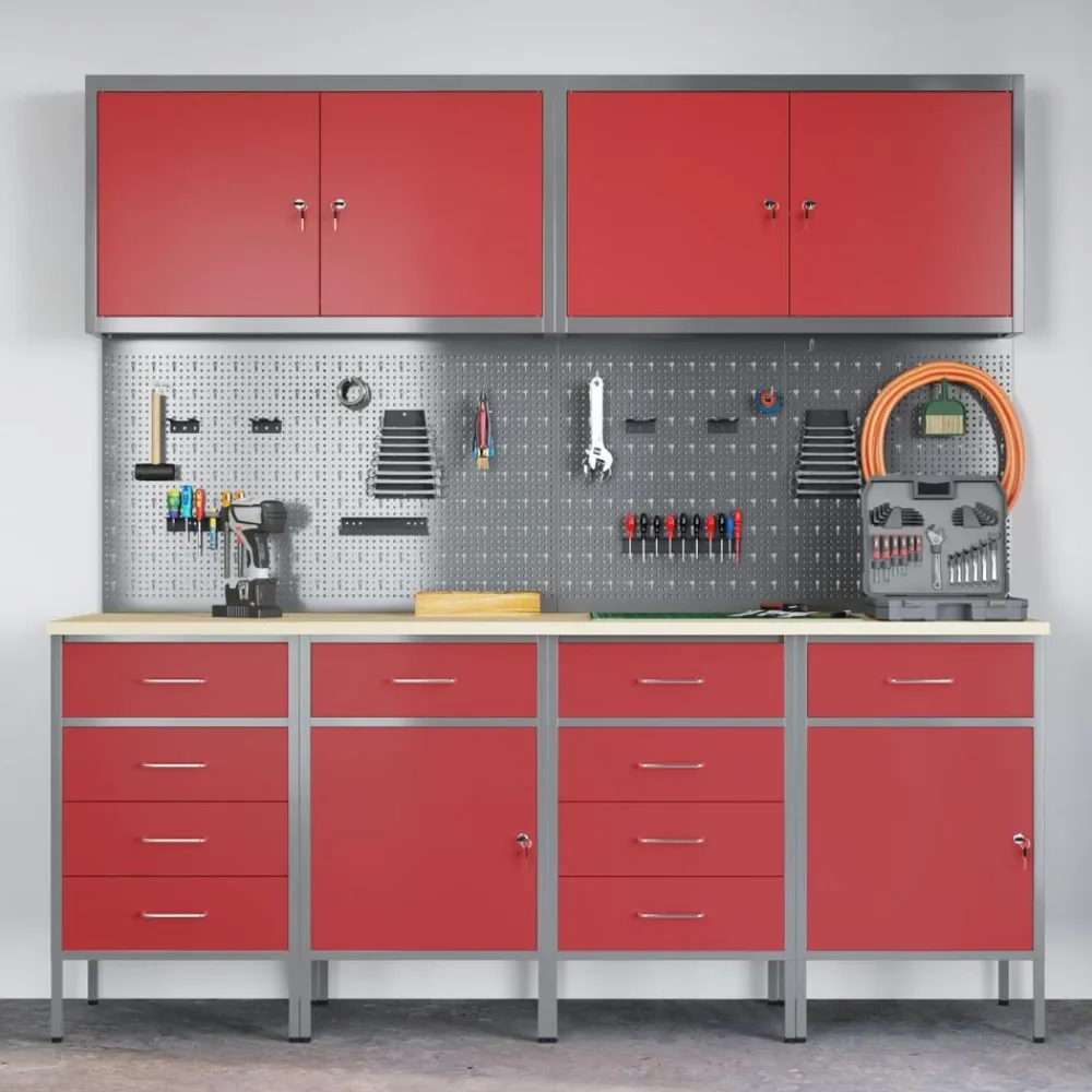 vidaXL Armario de trabajo 10 pcs Madera Ingenierizada y Acero Rojo Clearance