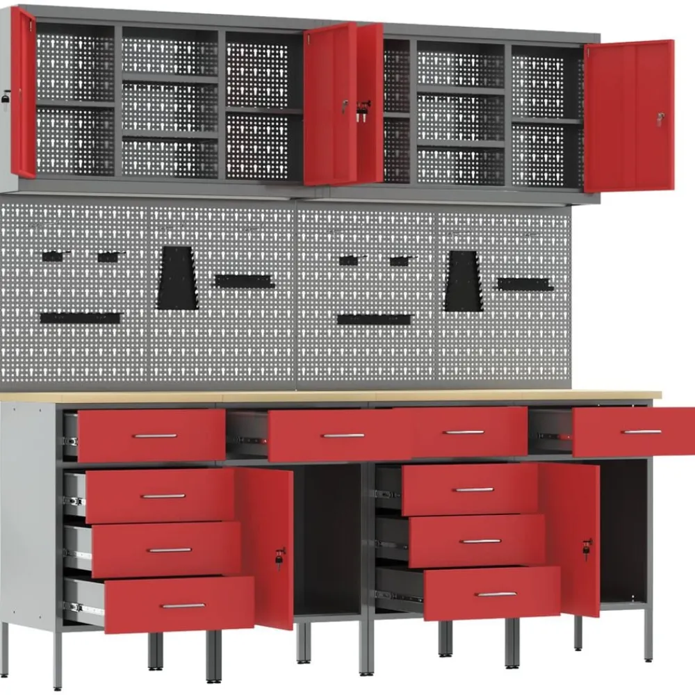 vidaXL Armario de trabajo 10 pcs Madera Ingenierizada y Acero Rojo Clearance