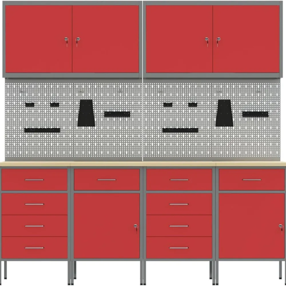 vidaXL Armario de trabajo 10 pcs Madera Ingenierizada y Acero Rojo Clearance