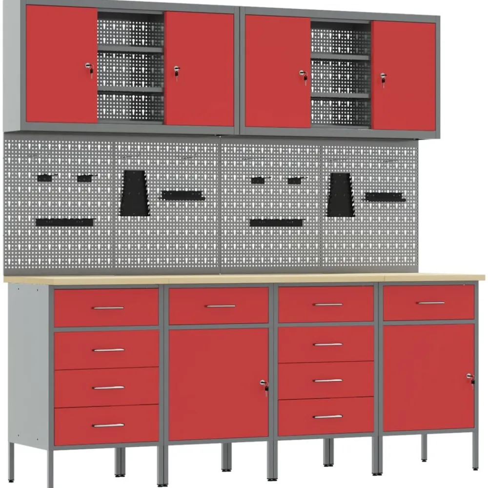 vidaXL Armario de trabajo 10 pcs Madera Ingenierizada y Acero Rojo New
