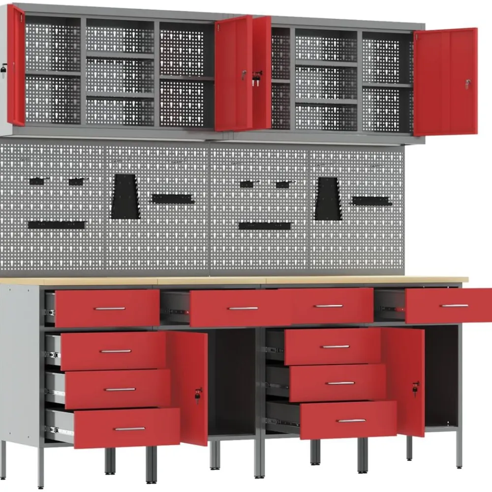 vidaXL Armario de trabajo 10 pcs Madera Ingenierizada y Acero Rojo New