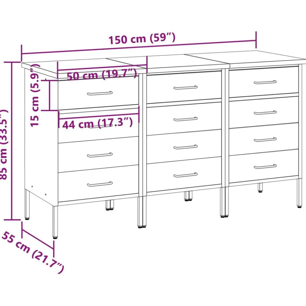 vidaXL Accesorios De Bricolaje-Armario de trabajo con cajón 3 pcs y Gris 150 x 55 x 85 cm