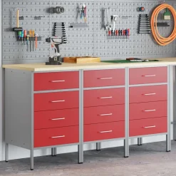 vidaXL Accesorios De Bricolaje-Armario de trabajo con cajón 3 pcs y Gris 150 x 55 x 85 cm