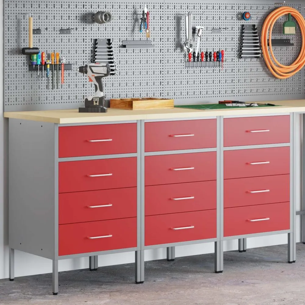 vidaXL Accesorios De Bricolaje-Armario de trabajo con cajón 3 pcs y Gris 150 x 55 x 85 cm