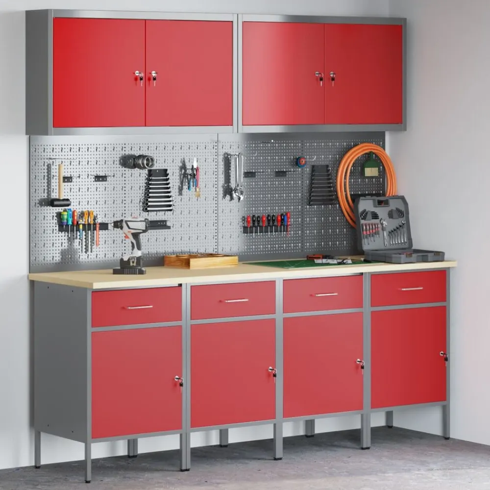 vidaXL Armario de trabajo 10 pcs Madera Ingenierizada y Acero Rojo Best