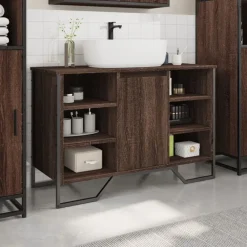 vidaXL Conjuntos De Muebles-Armario lavabo baño madera ingeniería marrón roble 91x35x60 cm