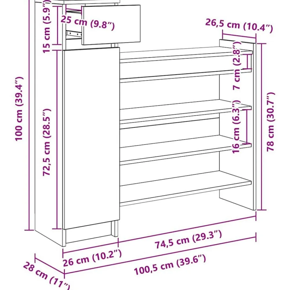 vidaXL Productos Del Hogar-Armario Zapatero con cajón Roble artesanal 100,5 x 28 x 100 cm