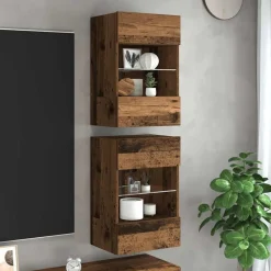 vidaXL Armarios de pared con luces LED para TV 2 uds envejecida 40x30x60,5cm Madera envejecida Online