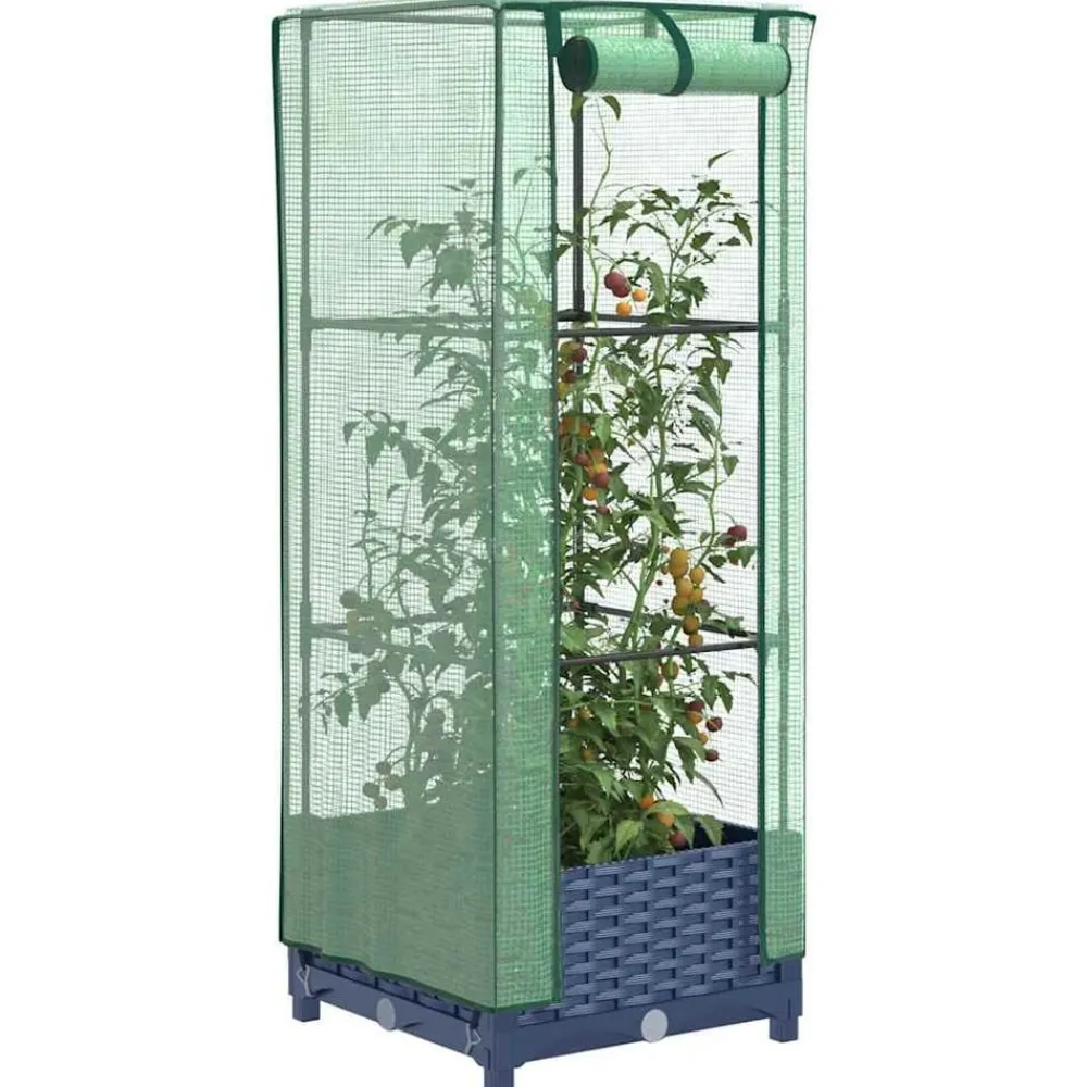 vidaXL Arriate con cubierta invernadero aspecto ratán 40x40x123 cm Gris azulado Online