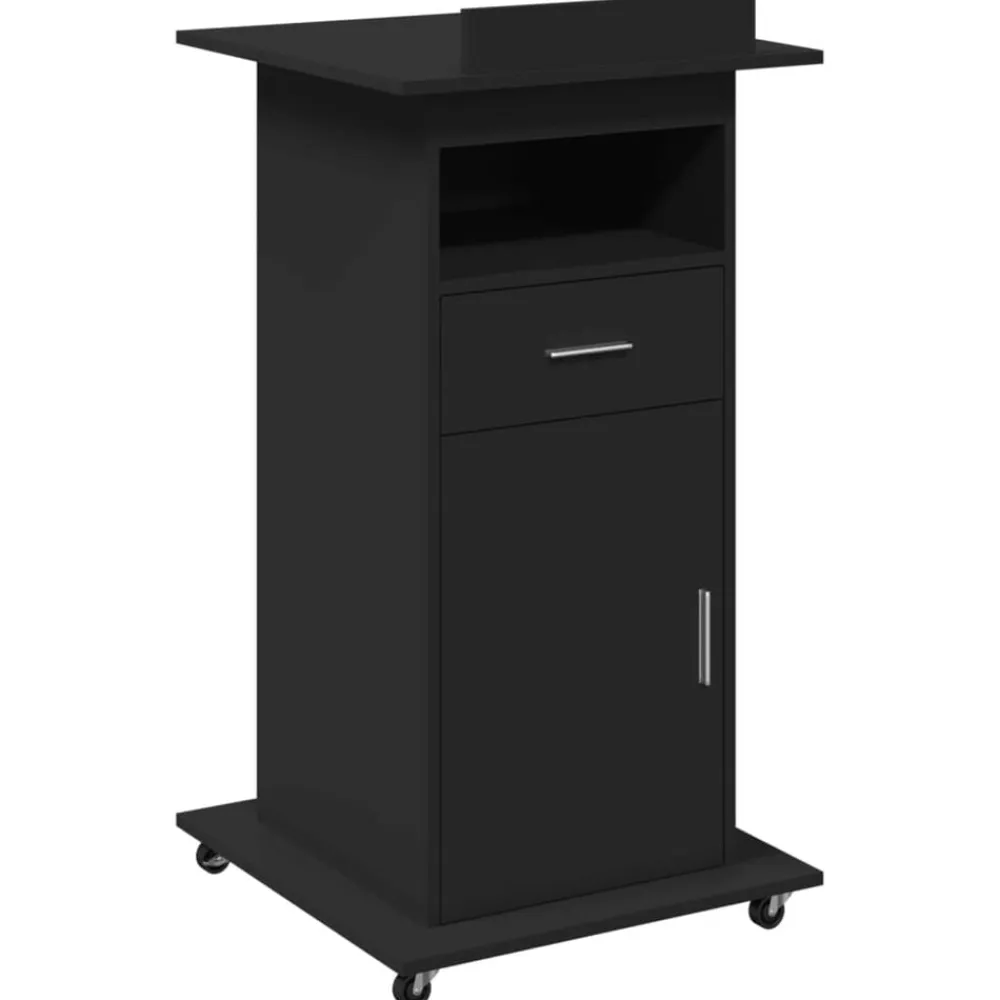 vidaXL Atril con ruedas y cajón madera ingeniería 55x55x107 cm Negro New