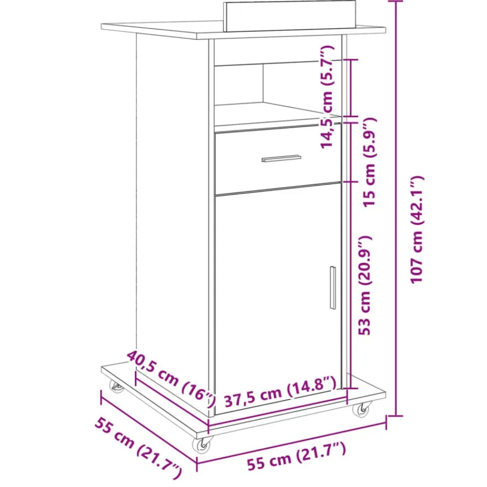 vidaXL Atril con ruedas y cajón madera ingeniería 55x55x107 cm Negro New
