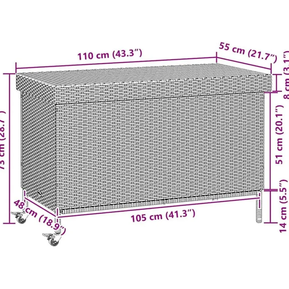 vidaXL Muebles De Jardín-Baúl de jardín con ruedas ratán sintético 110x55x73 cm
