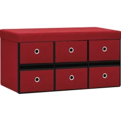 vidaXL Bancos-Banco almacenaje plegable lino sintético rojo tinto 76x38x38 cm