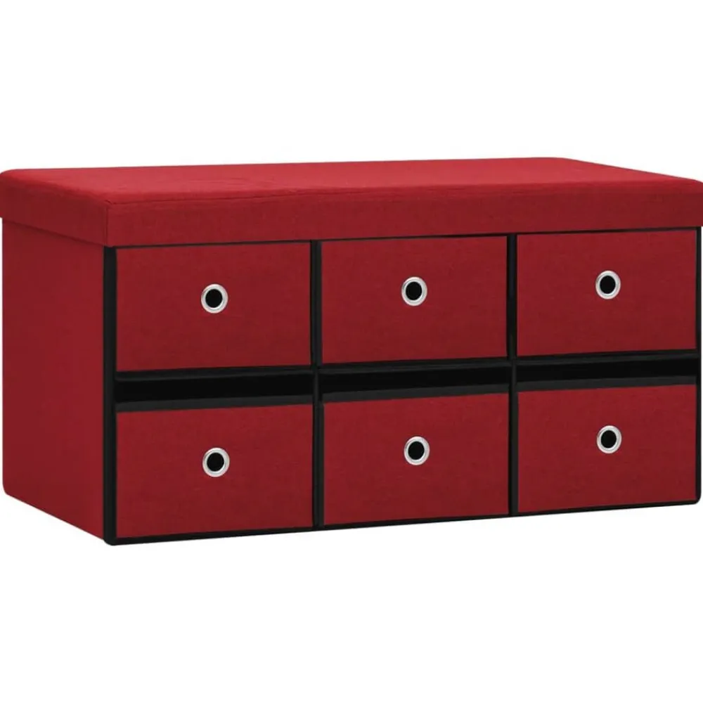 vidaXL Bancos-Banco almacenaje plegable lino sintético rojo tinto 76x38x38 cm