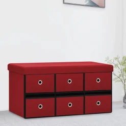 vidaXL Bancos-Banco almacenaje plegable lino sintético rojo tinto 76x38x38 cm