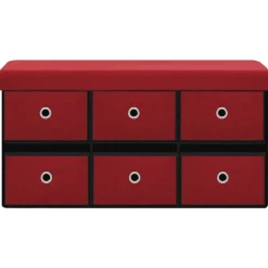 vidaXL Bancos-Banco almacenaje plegable lino sintético rojo tinto 76x38x38 cm