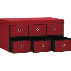 vidaXL Bancos-Banco almacenaje plegable lino sintético rojo tinto 76x38x38 cm